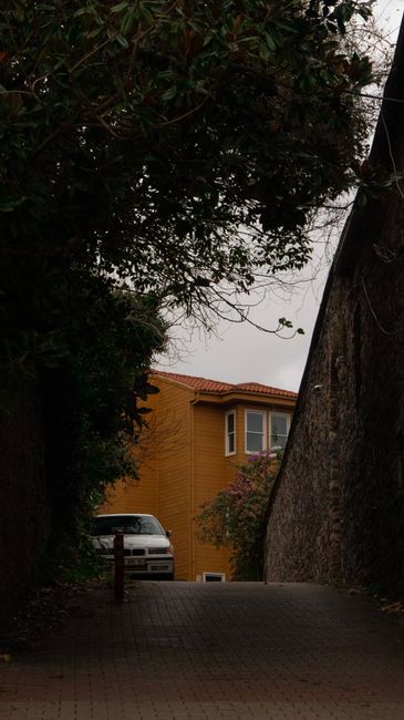 A narrow residential street with brick terraced houses on the left side, featuring small front gardens and pitched roofs. The street is paved with asphalt and lined with stone curbs. On the right, a t